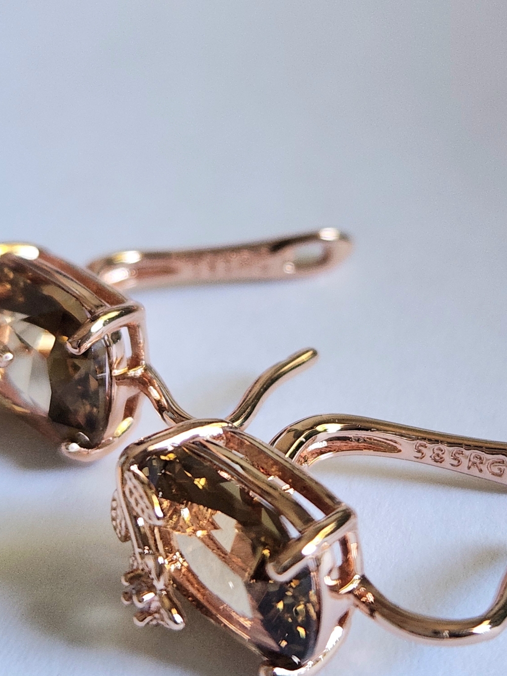 New 14K Gold Plated Emerald Cut Smoky Quartz Diamond Flower Hoop Earrings - Picture 2 of 7